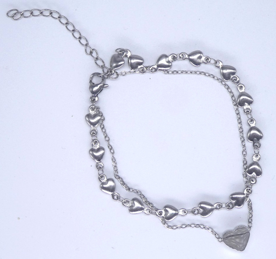 Silver Tone Double Layer Heart Bracelet Elegant Pretty Dainty Chain
