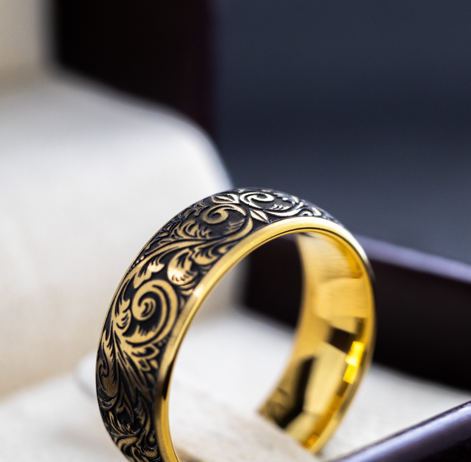 Fleur De Lis Deep Engraved Gold Plated Tungsten Ring with Victorian Engravings