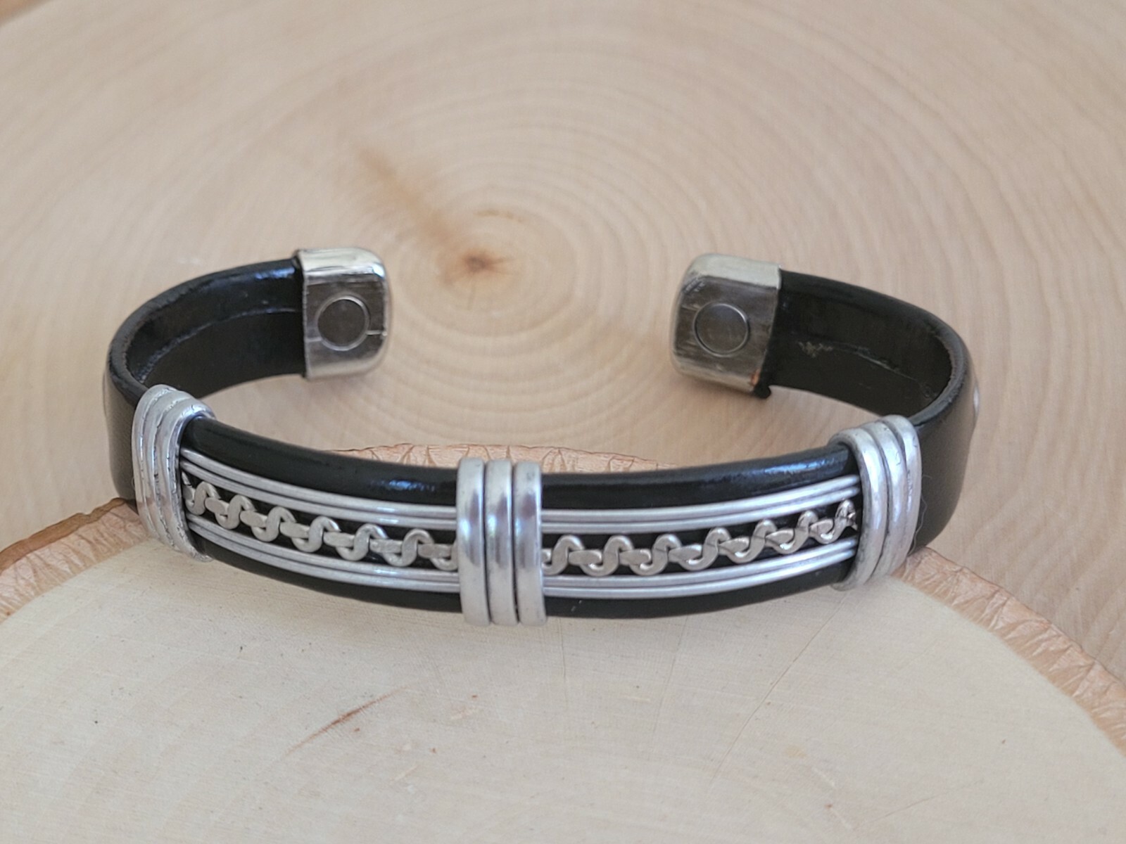 Solid Copper Leather Wrapped Magnetic Bracelet Energy Pain Silver Zig Zag