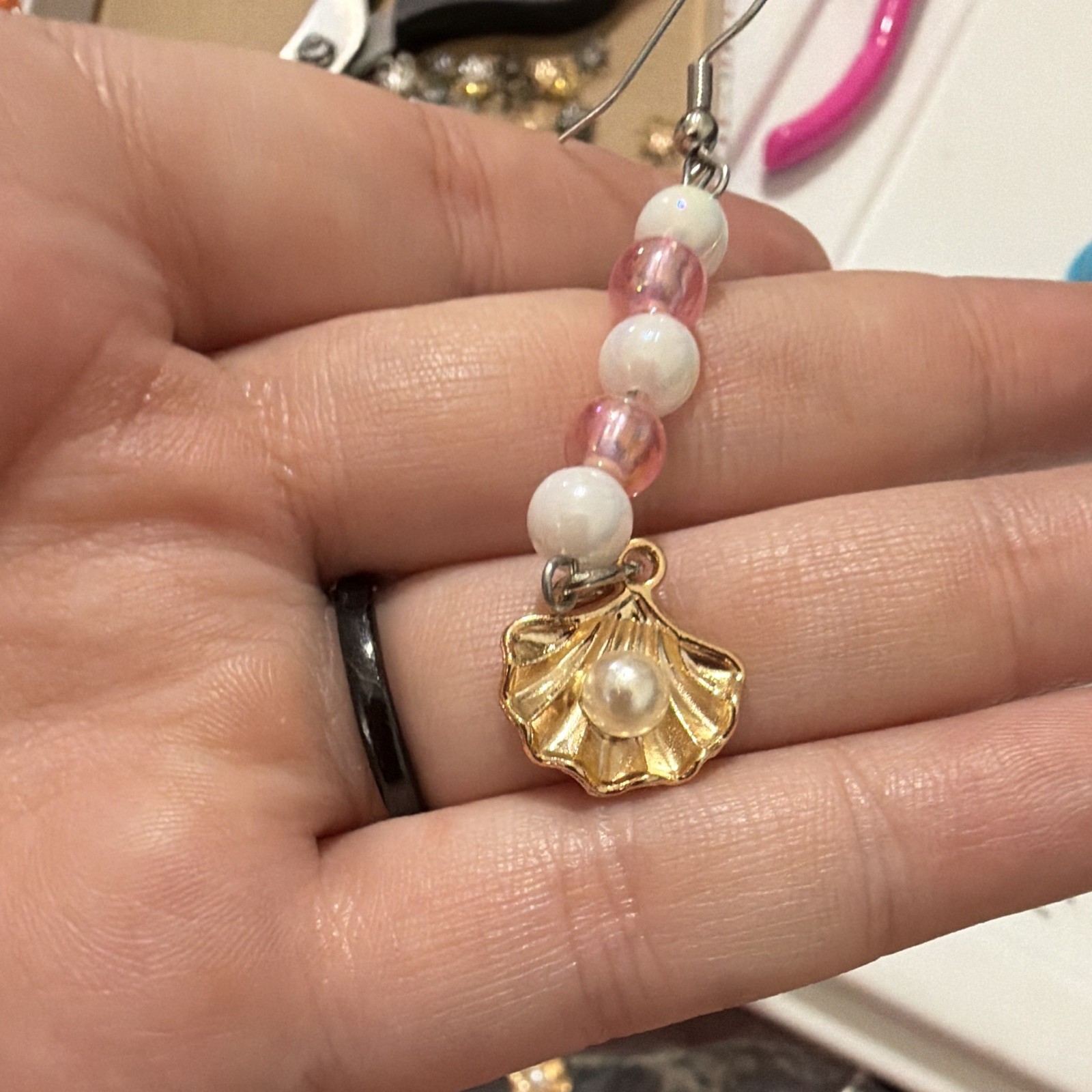 Dangle/Drop Beaded Earrings Hook Closure Pink White Imitation Pearl Shell