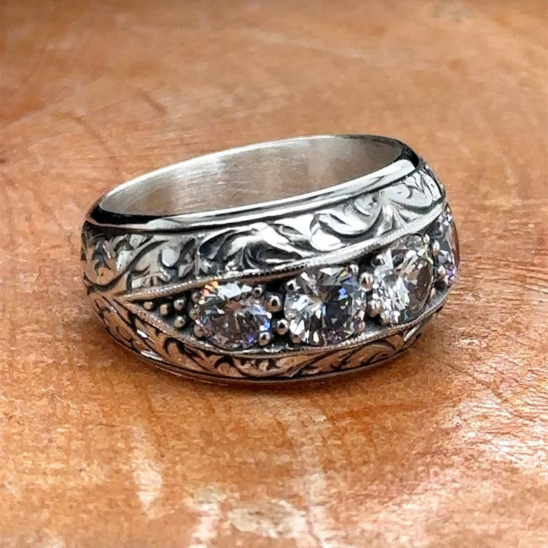 Men 925 Band Ring Silver Moissanite Ottoman Handmade Turkish Wedding Ring