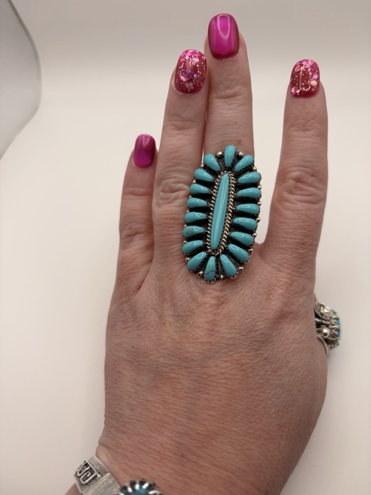 Davina Benally Navajo Sterling Silver Turquoise Cluster Statement Ring Size 6.5