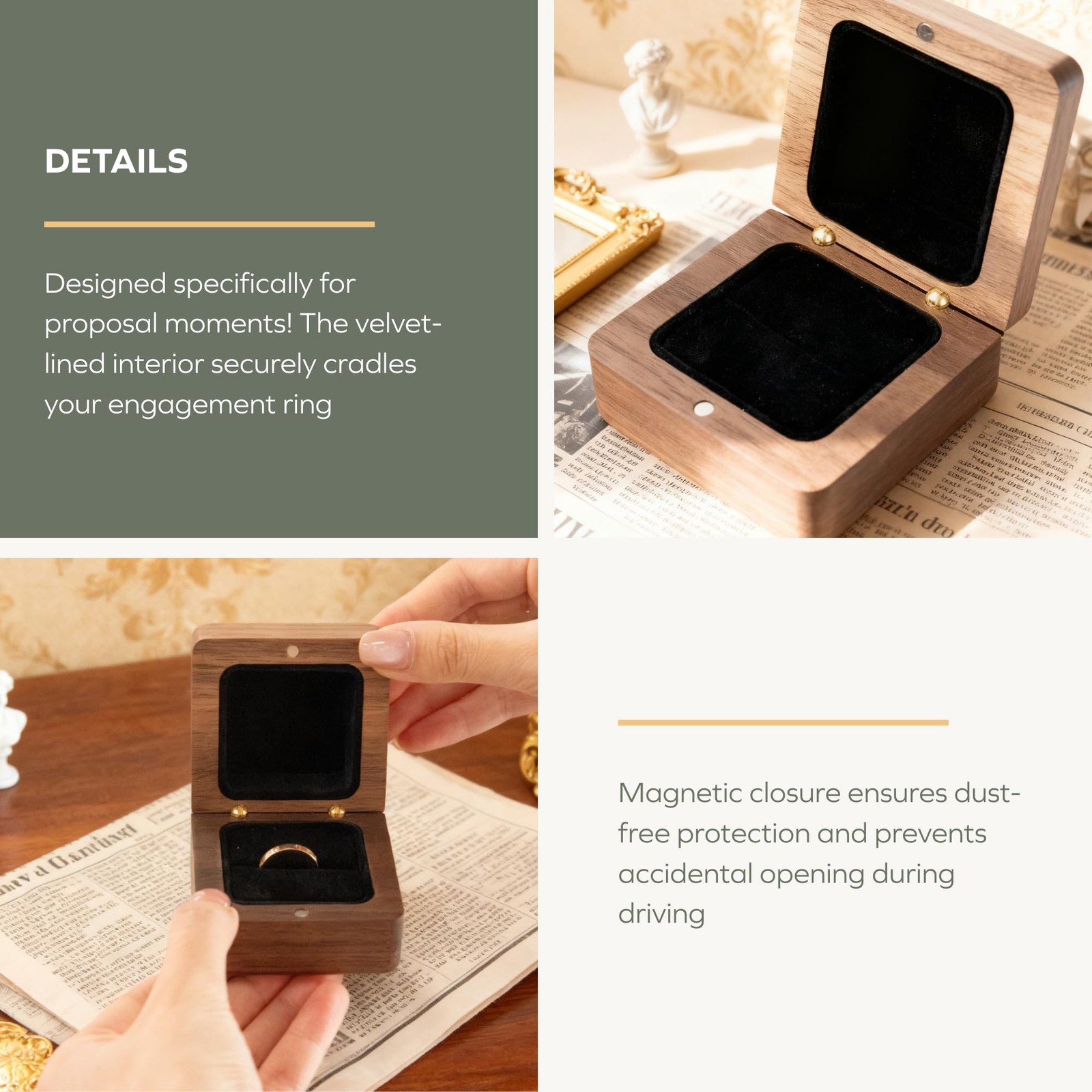 Vintage Solid Wood Ring – Hand-Polished Engagement Ring Holder for Proposal, …