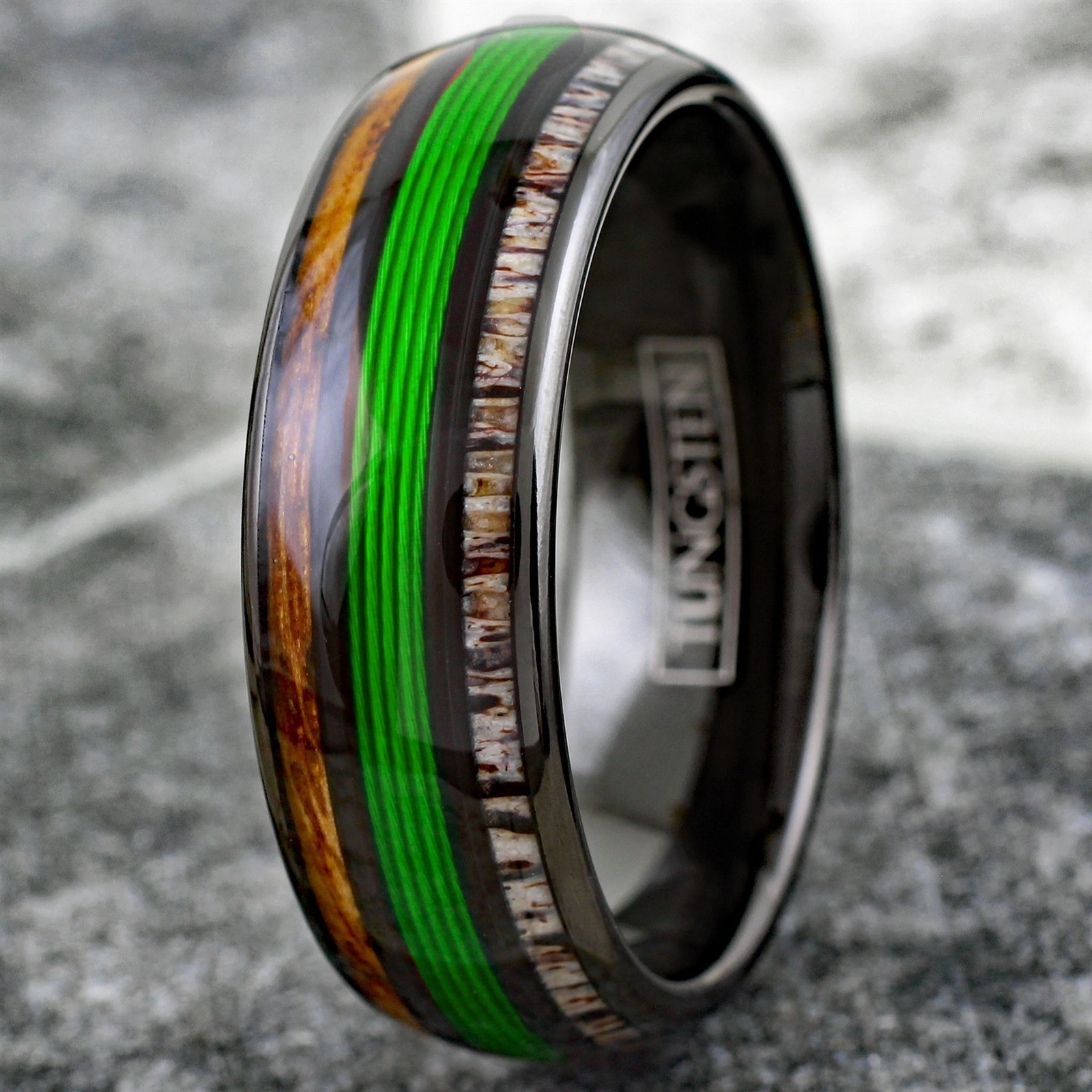 Black Tungsten Carbide Ring Green Fishing Line-Whiskey Barrel & Deer Antler Band