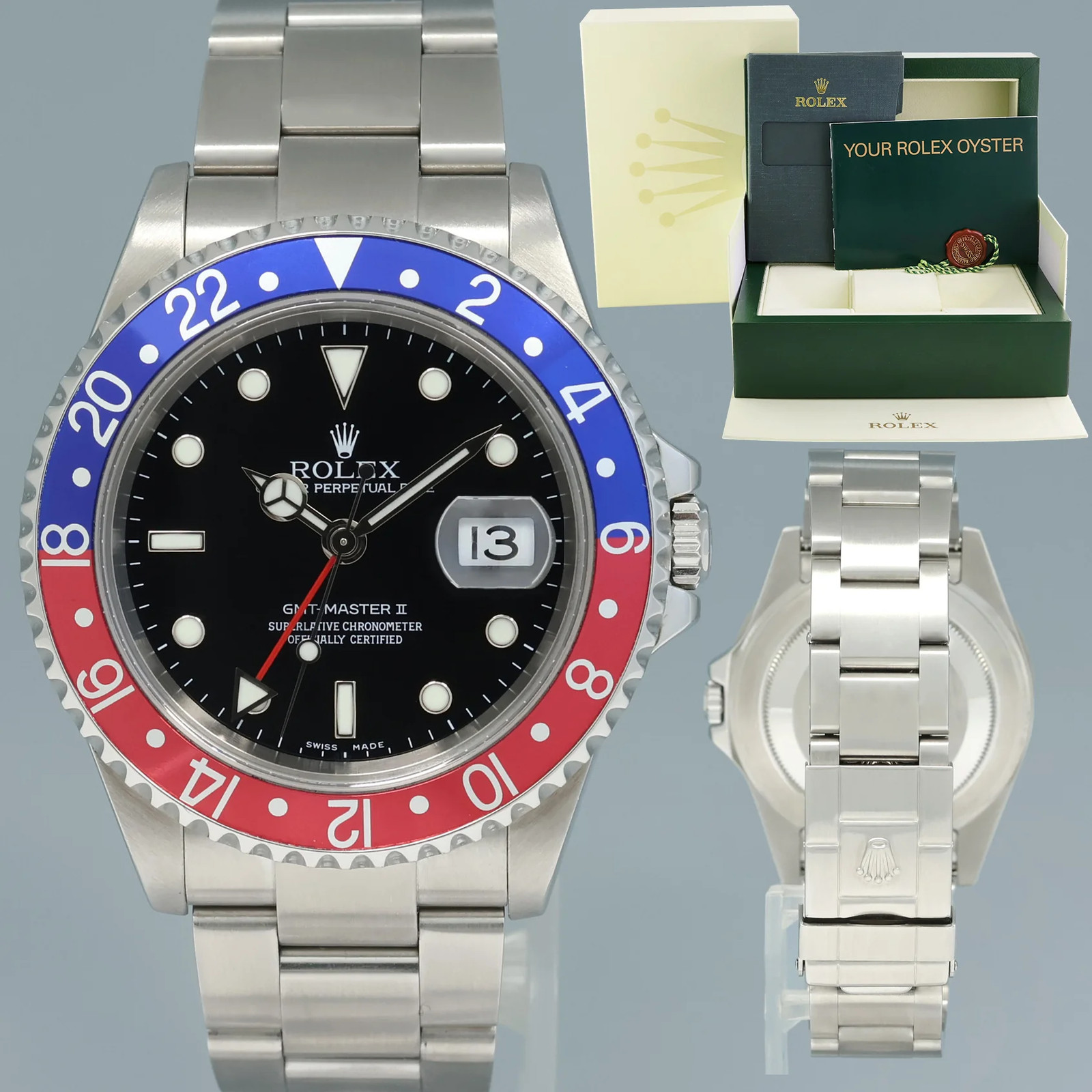 2004 MINT Rolex GMT-Master II Pepsi 40mm Steel 16710 NO HOLES Black Watch Box