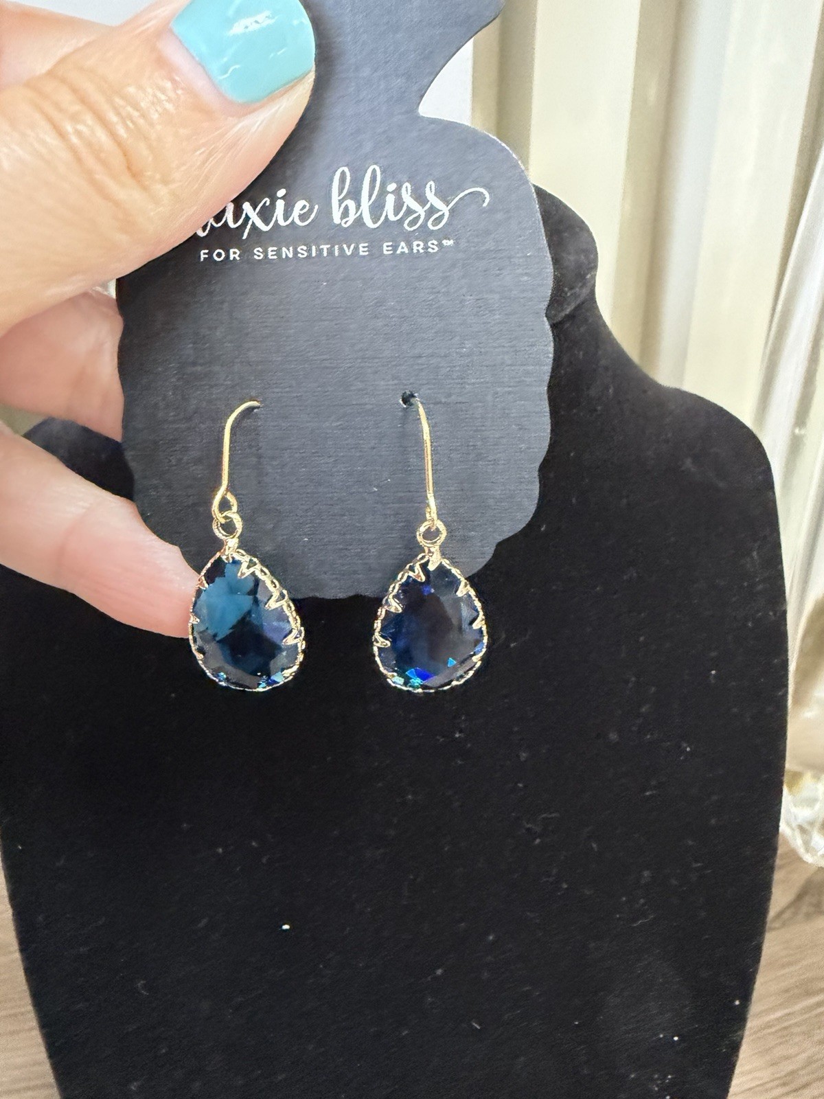 Dixie Bliss Gold Tone Blue Teardrop Crystal Dangle Hook Earrings