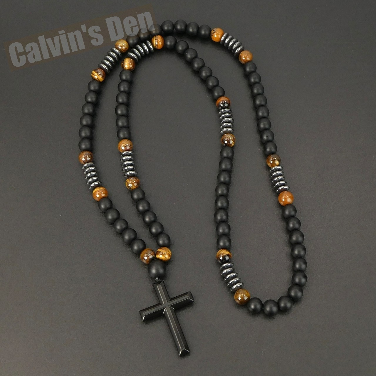 Black Obsidian Tiger Eye Black Alloy Cross Pendant Necklace Men Women Gift