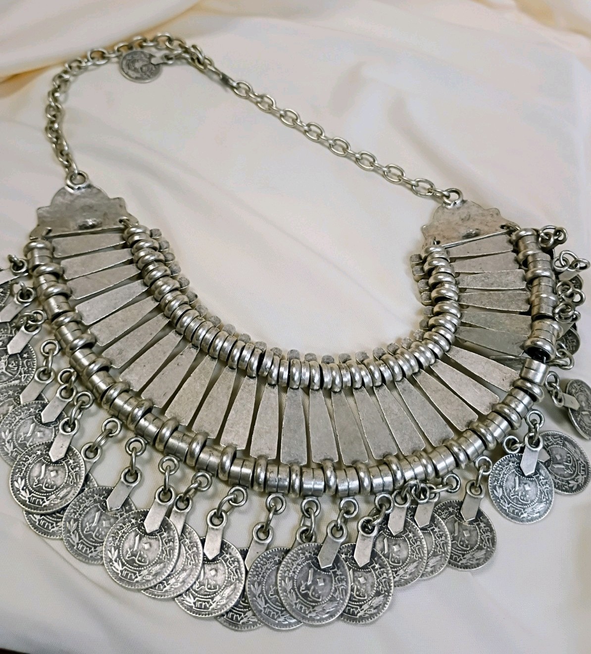 Silver Tone Metal Coin Charm Statement Bib Collar Necklace Cable Chain Hook