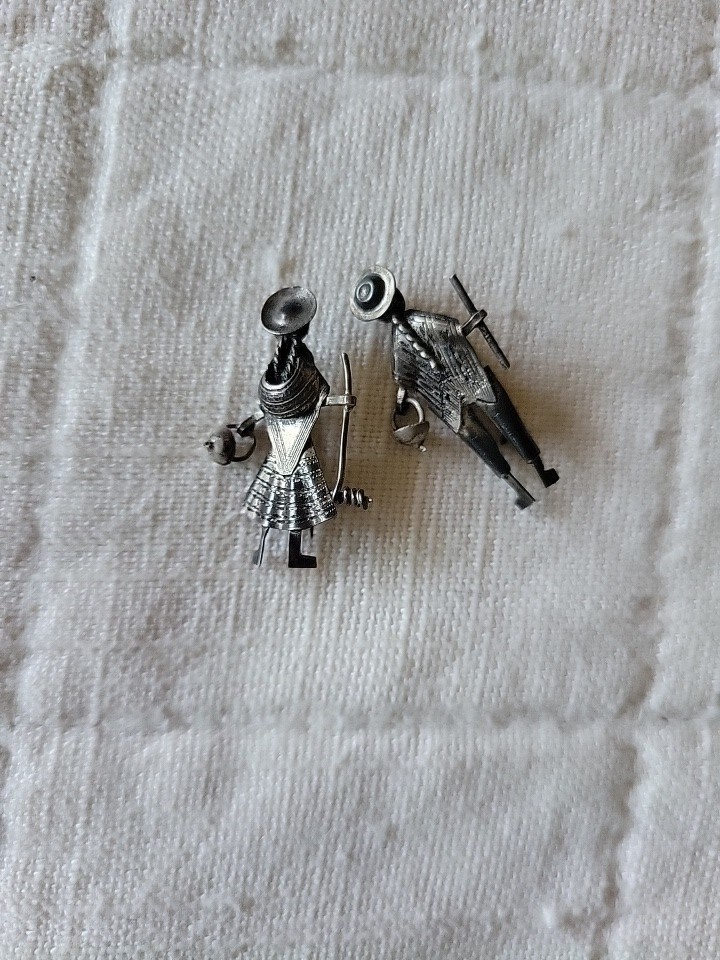 Vintage Native Hand Crafted Silver Metal Pins male female basket staff Peruvian