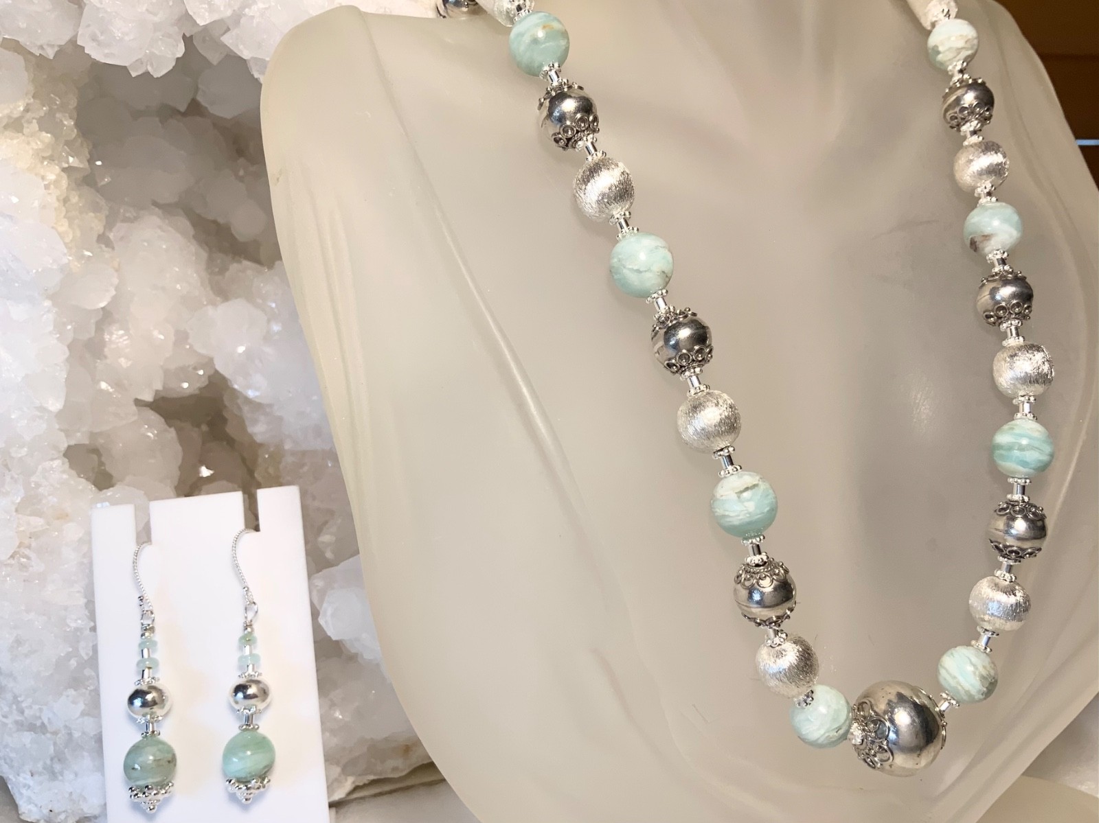 SS .925 BLUE PERUVIAN OPAL NECKLACE & EARRINGS AND SET