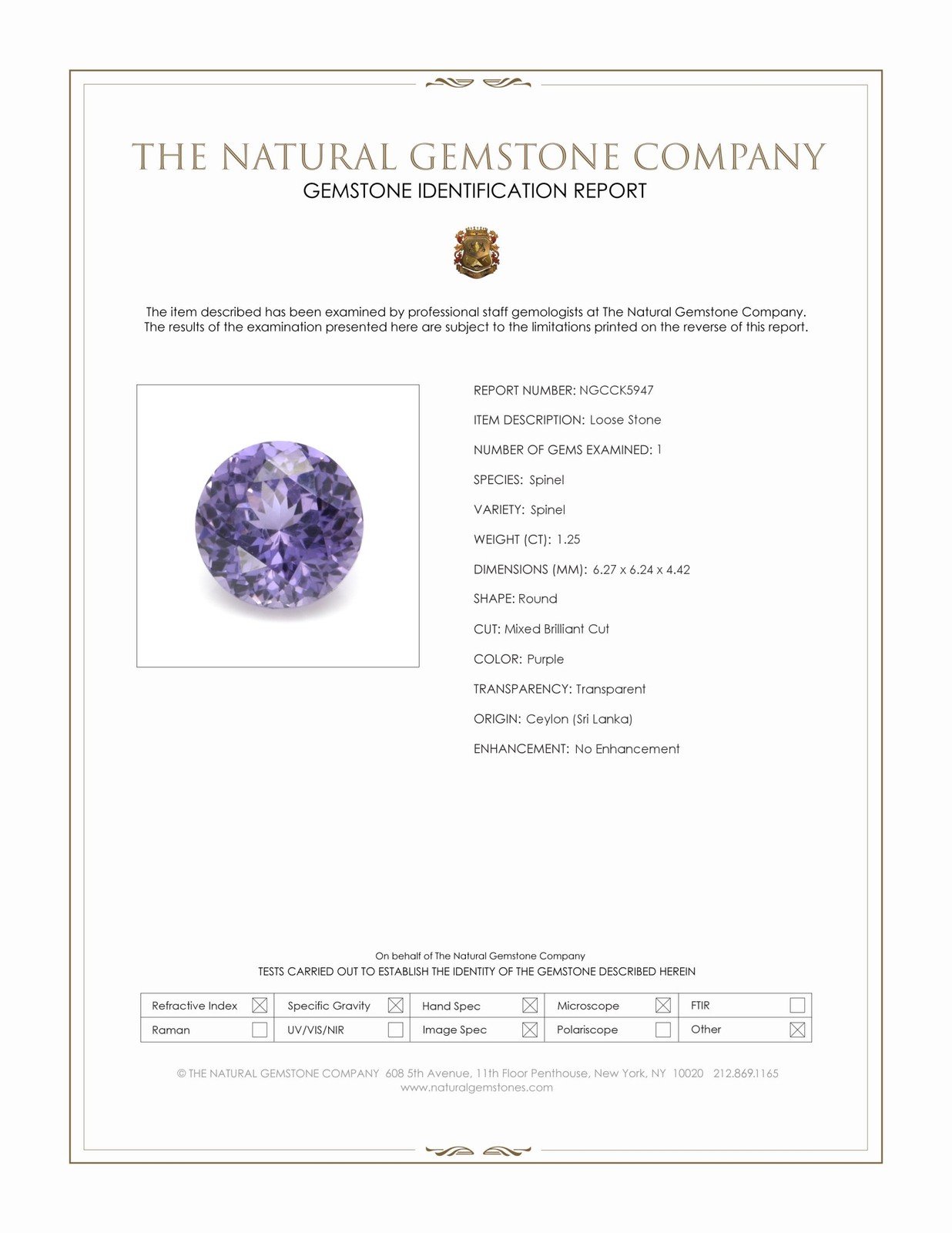 Ceylon (Sri Lanka) Round Purple Spinel 1.25CT