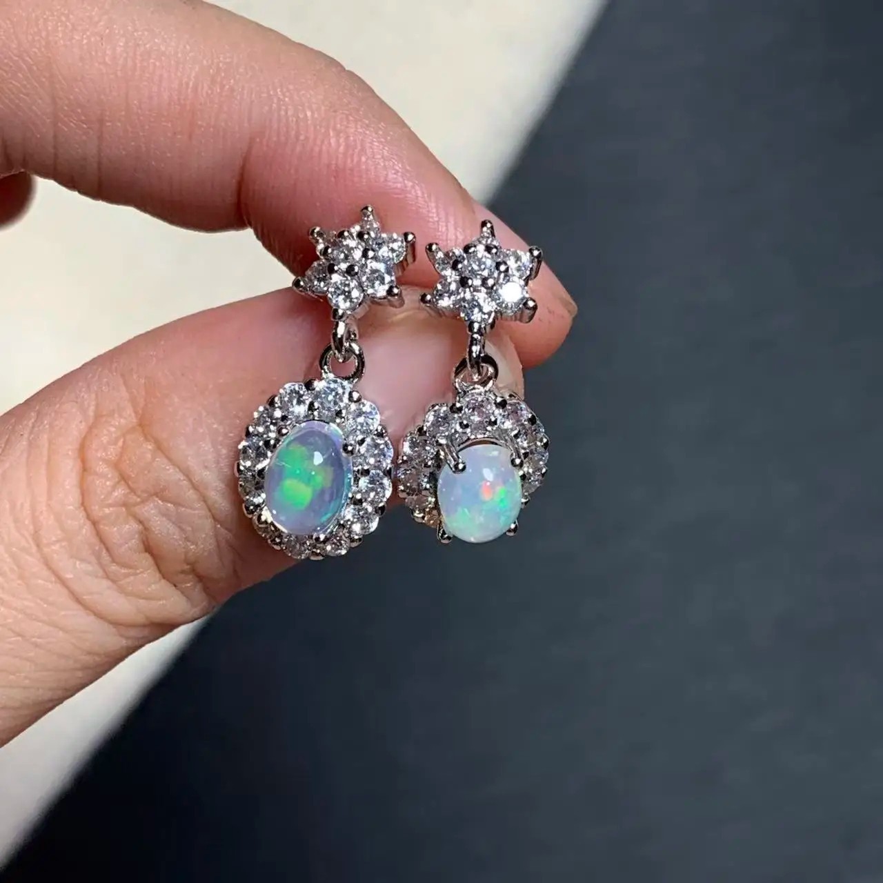 Natural Oval Opal Stud Drop Earrings Women Vintage Halo Copper Jewelry Gifts