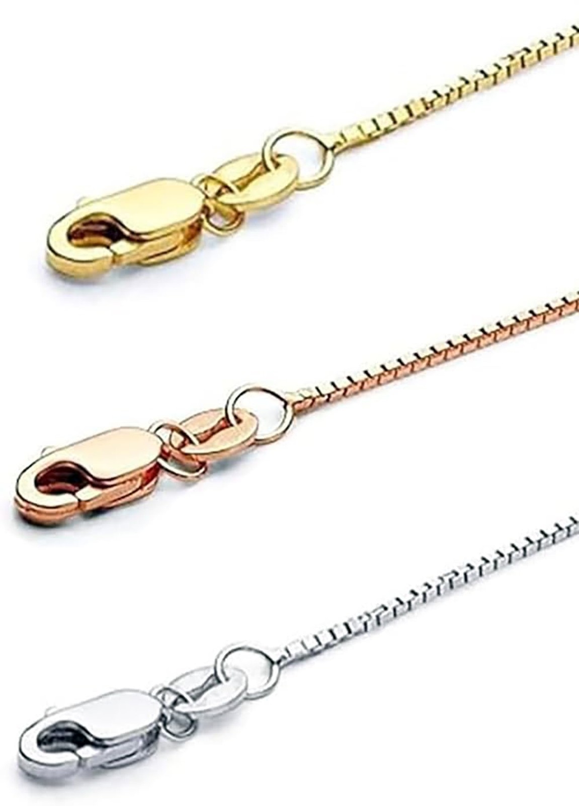 14K Yellow/White/Rose Gold Solid Box Link Chain 0.7/1.0/1.3 / 2mm Necklace wi…