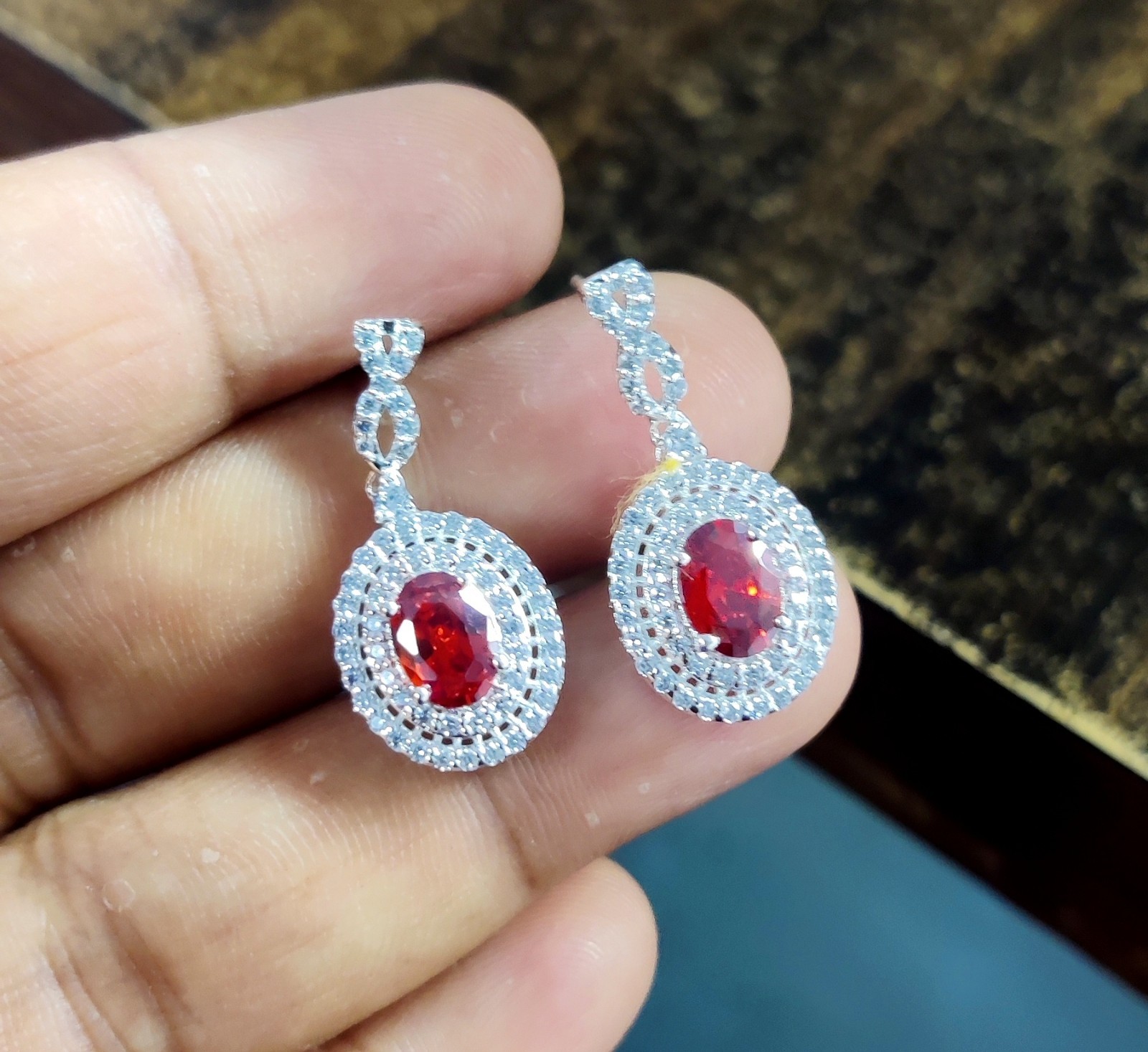 2Ct Oval Lab Created Garnet Halo Drop & Dangle Earrings 14k White Gold Plated