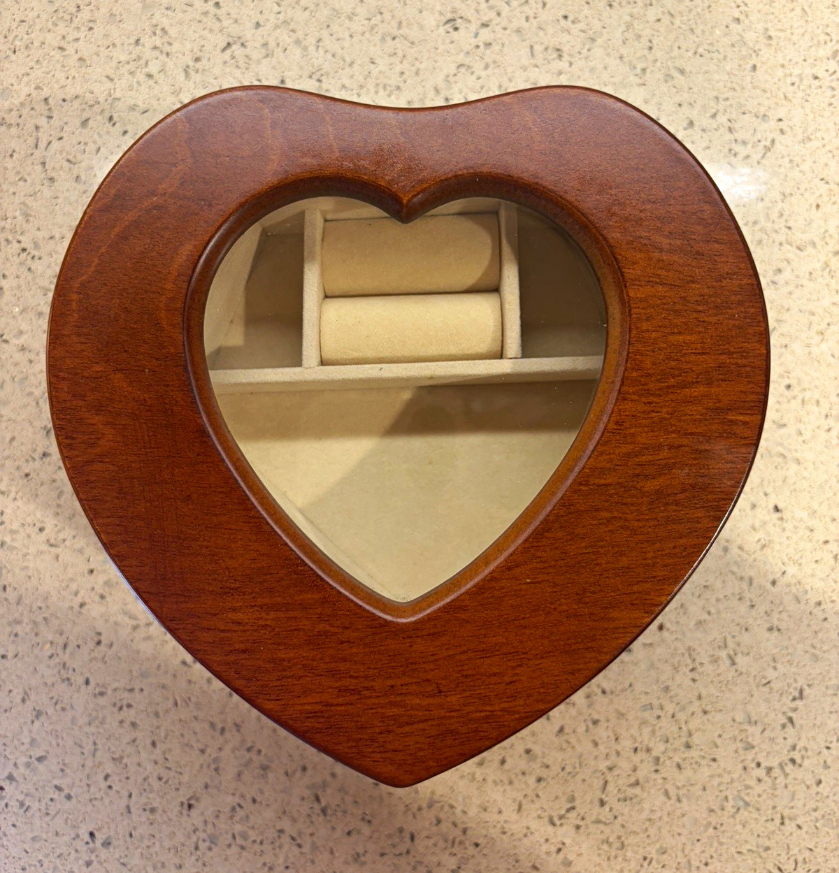 Heart Shaped Wooden Jewelry Box w/ Glass Lid, Velvet Lined Interior