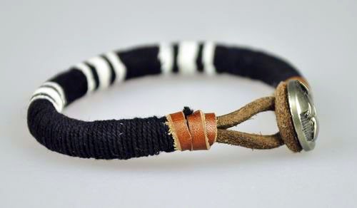 Classic Surfer Cotton Wrap Leather Leather Wristband Bracelet Cuff Black & White