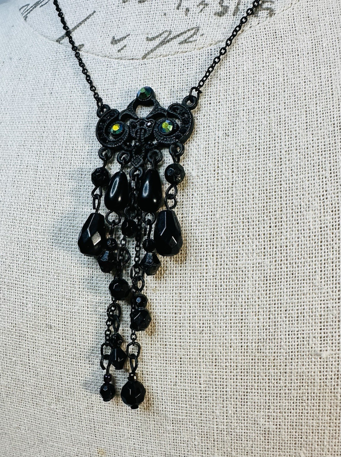 Black Dangle Fringe Necklace with Aurora Accent Crystals and Black Beads