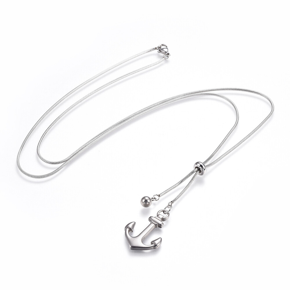 Adjustable Stainless Steel Necklace Slider Bead Anchor Pendant Silver 28″ A212