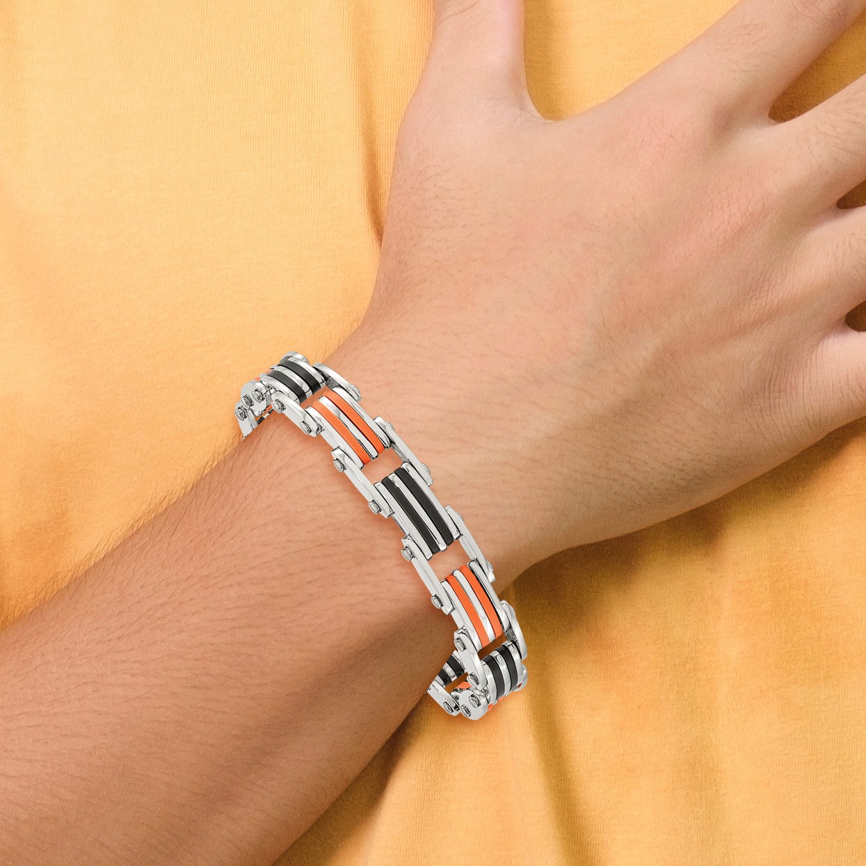 Chisel Stainless Steel Polished with Black and Orange Rubber 8.75 inch Link Brac