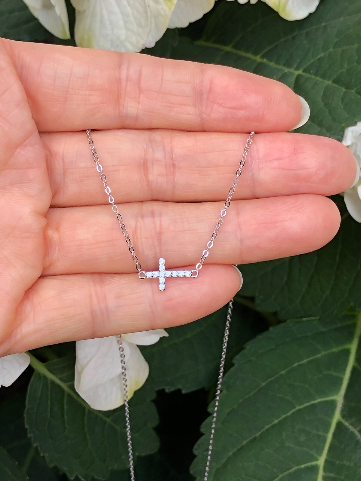 925 Sterling Silver CZ Sideways Cross Pendant Necklace Dainty 9.5mm 17.75″ Women