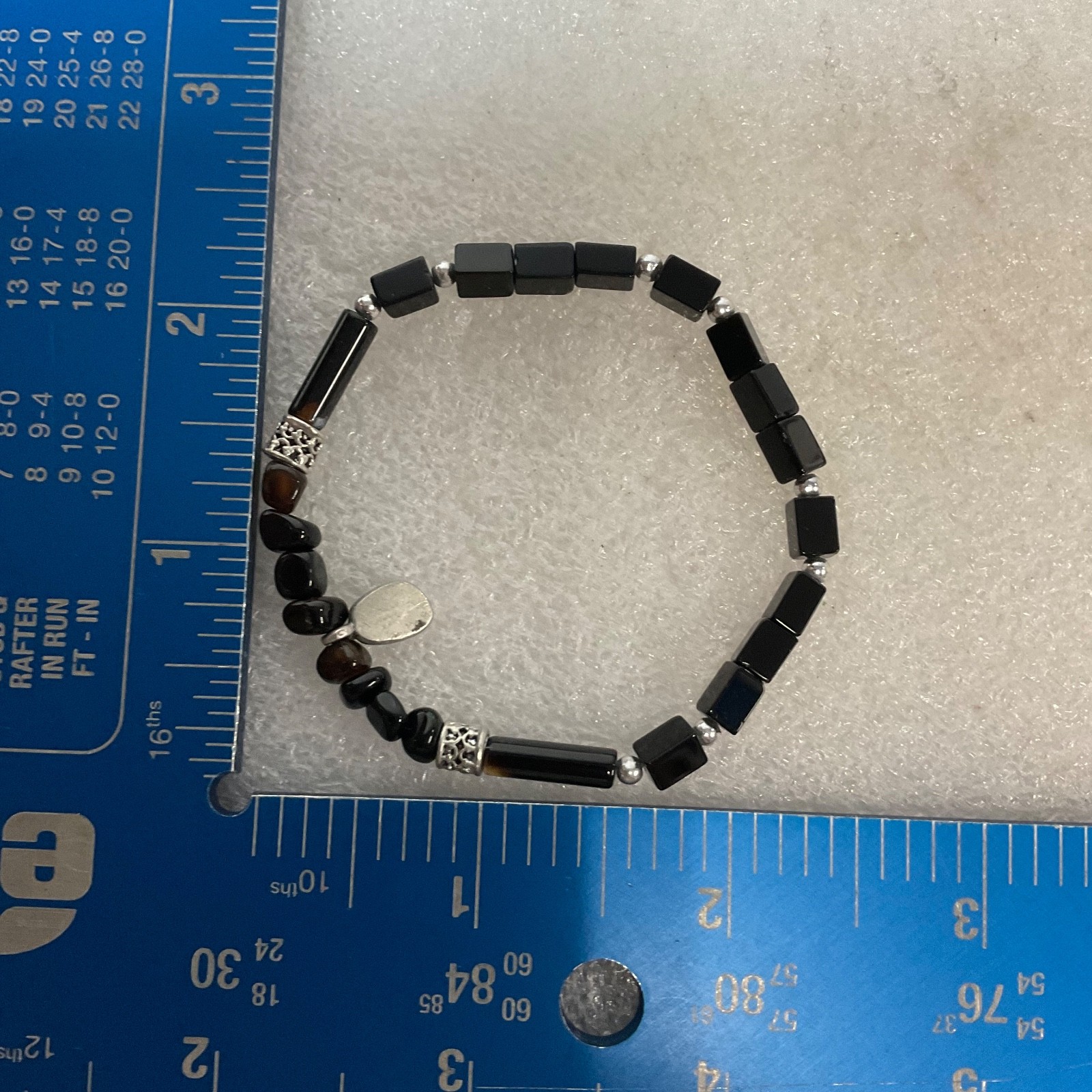 6in & 6.5in Black Beaded Bracelet Pair Silver Tone Stretch Jewelry Set