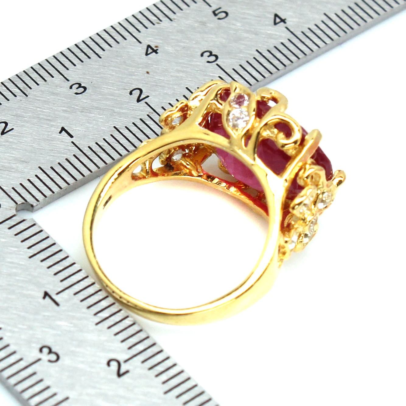 925 Sterling Silver 12 x 15 MM. Red Ruby White Zircon Ring Size 6.75
