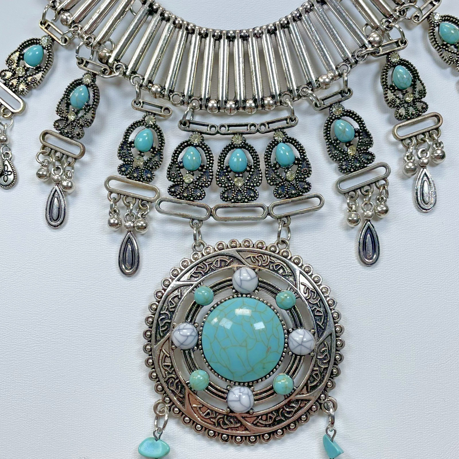 Silver Tone Faux Turquoise Matrix Statement Necklace Feather Bead Southwestern
