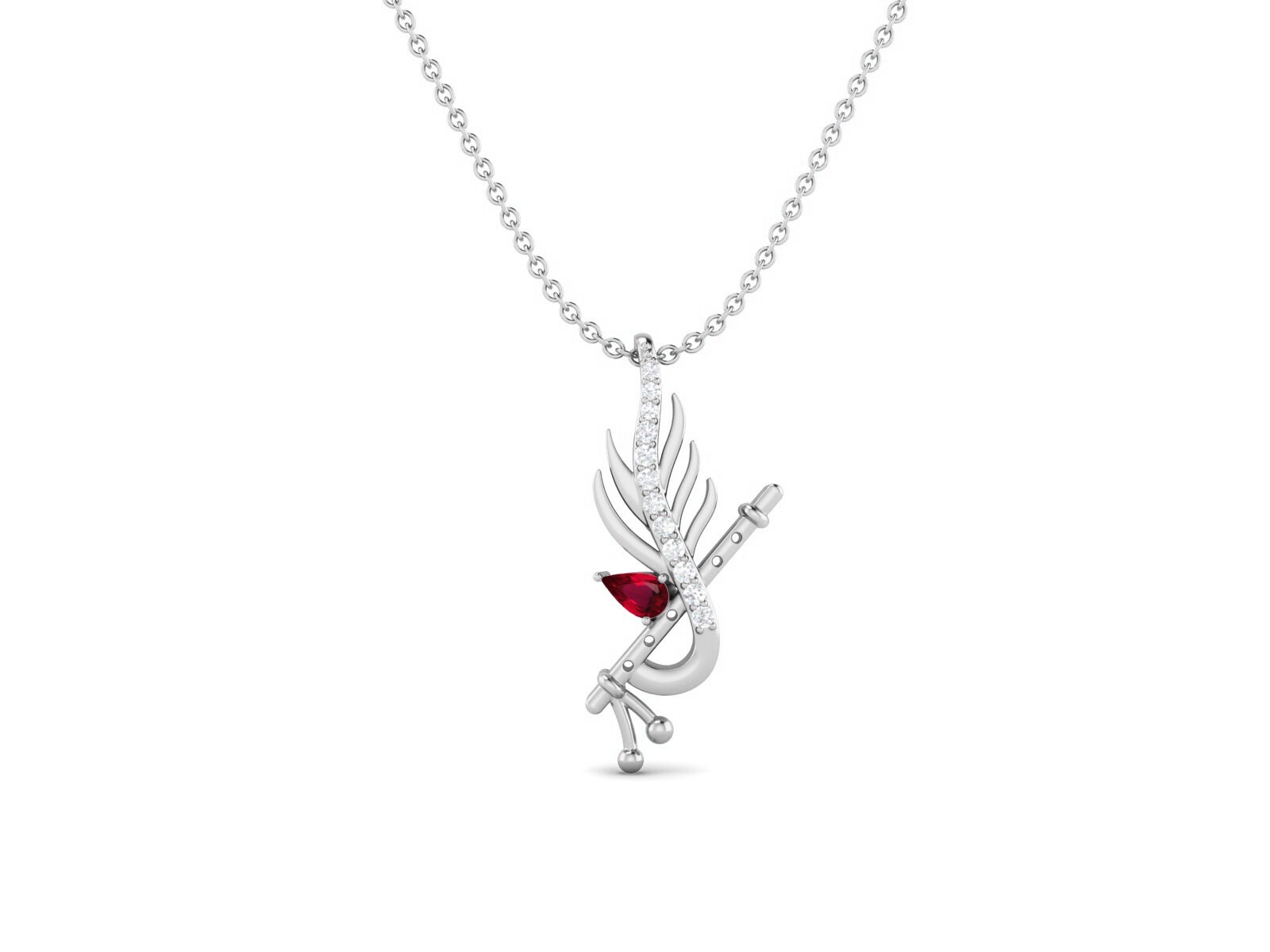 5x3mm Pear Ruby Glass Field 925 Sterling Silver KRISHNA FLUTE LEAF Necklace