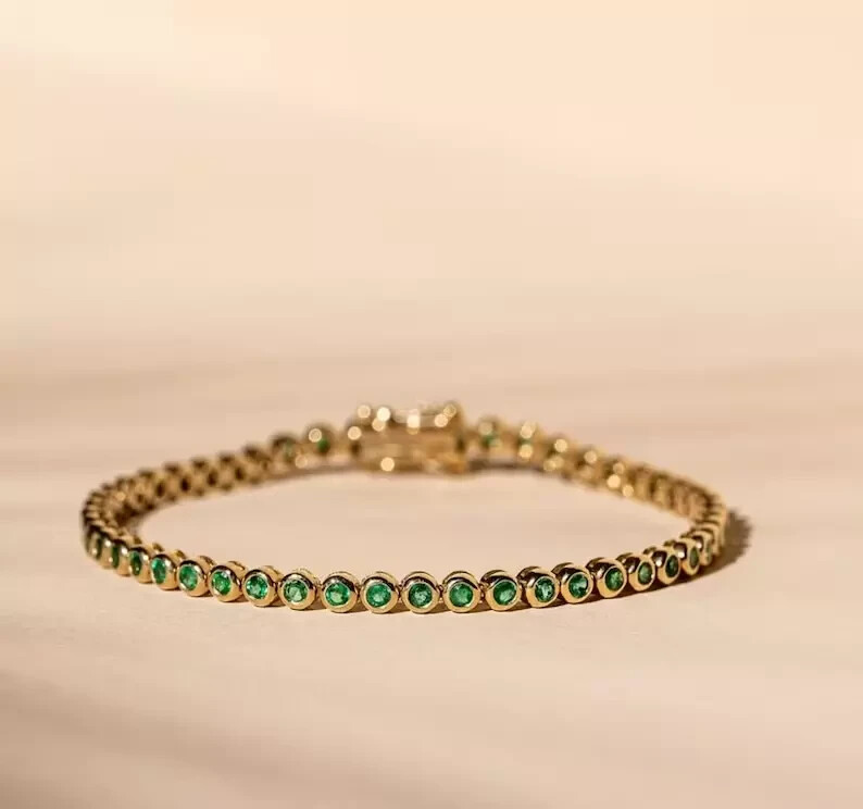6Ct Round Lab Created Green Emerald Bezel Tennis Bracelet 14K Yellow Gold Plated