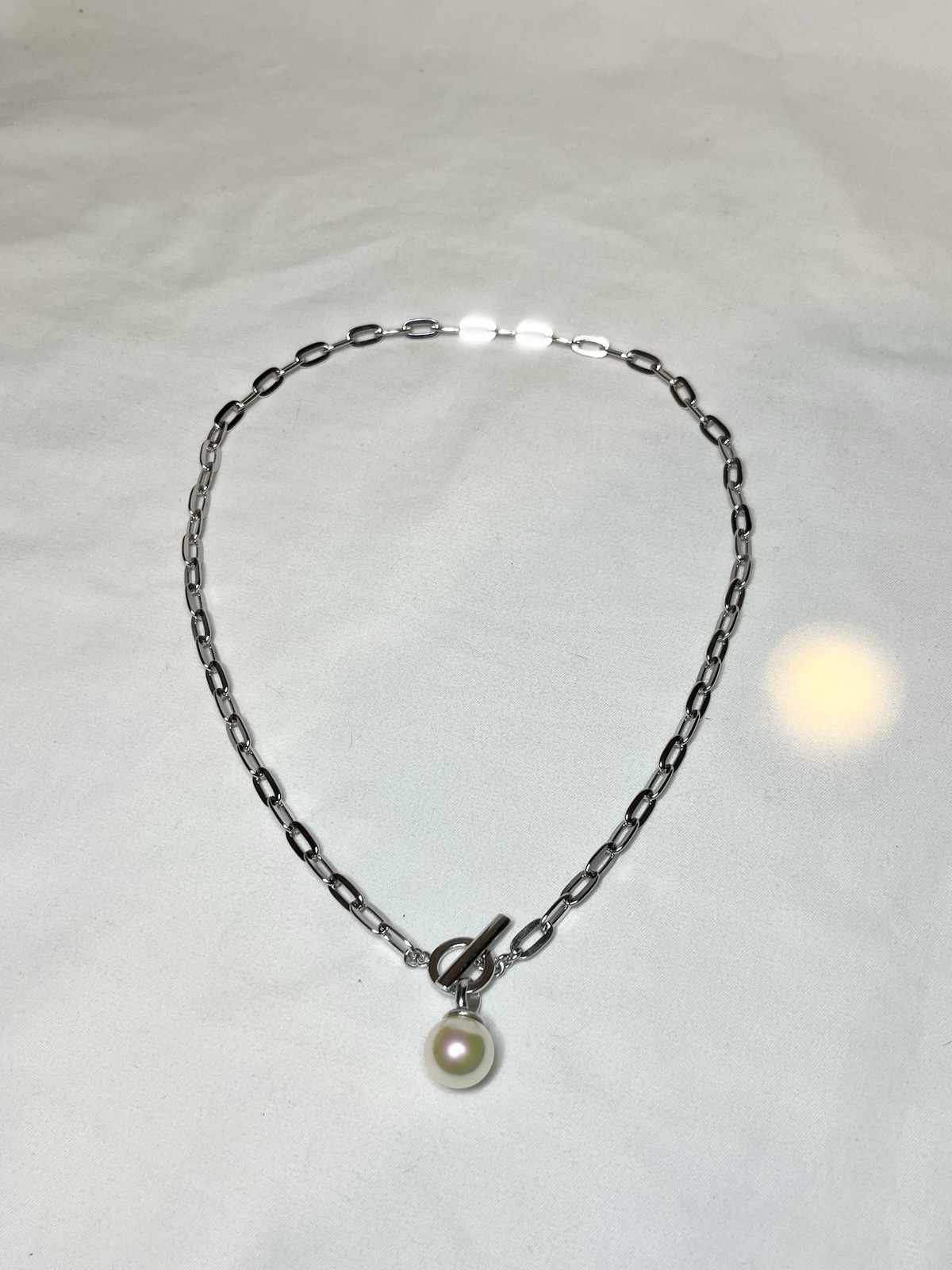 925 Sterling Silver Paperclip Chain Toggle Clasp Pearl Pendant Necklace Charm
