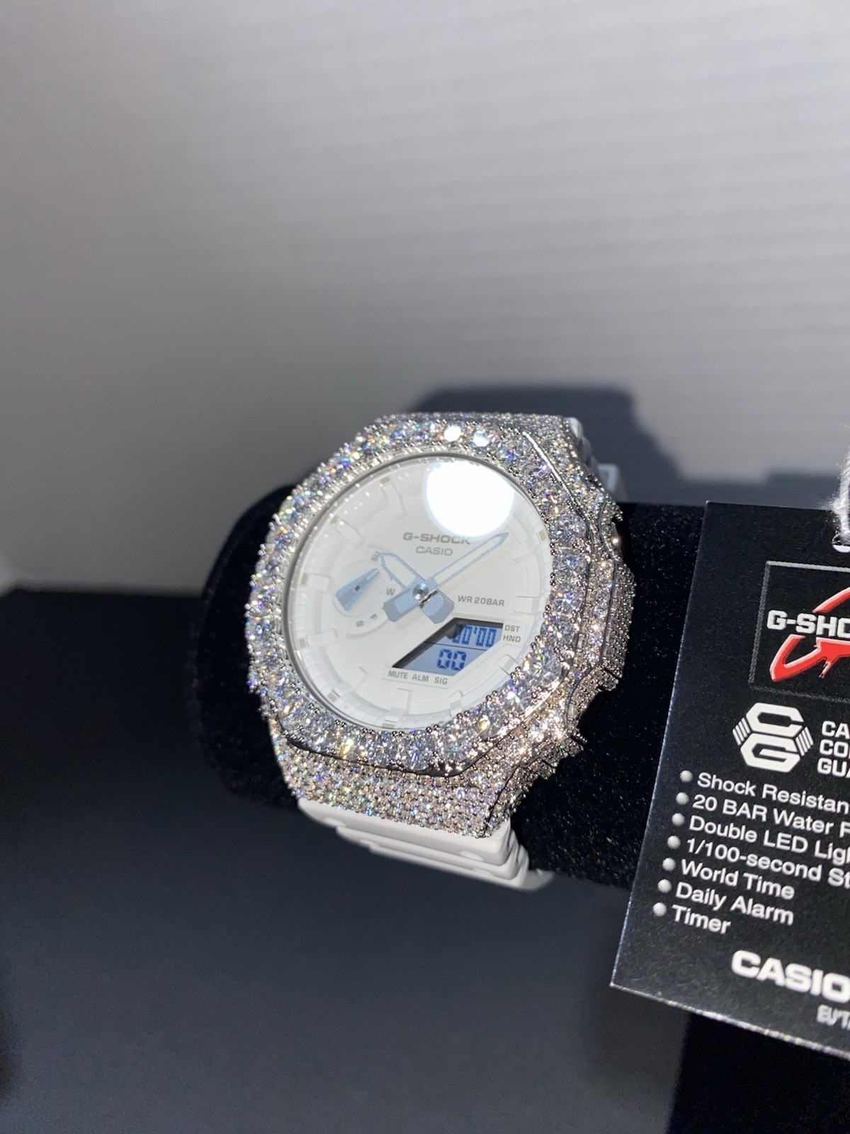 Casio G-SHOCK GA-2100-7A7ER + Custom Moissanite Bezel White Dial Watch