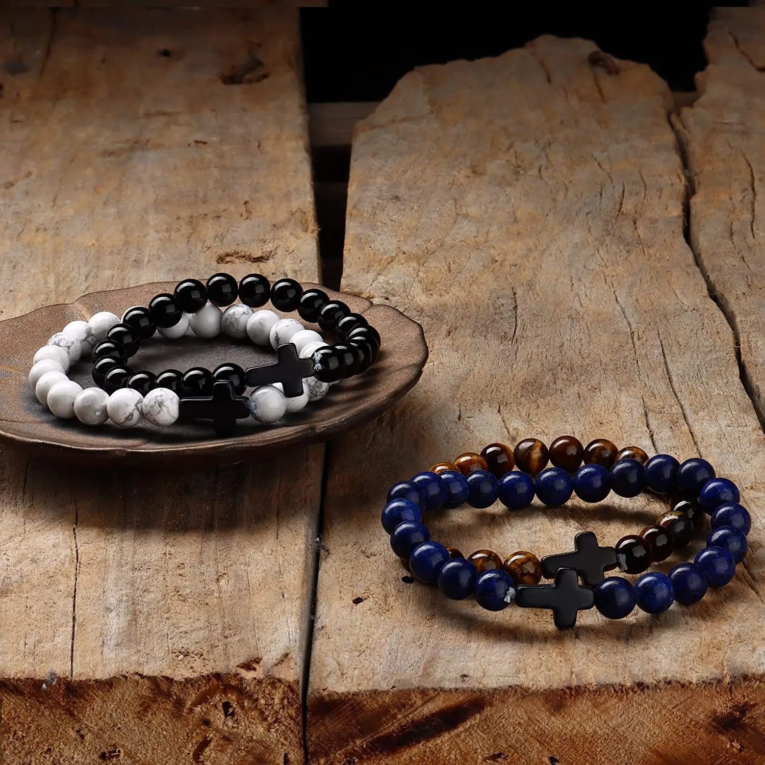 Natural Stone Beads Bracelet Hematite Cross Prayer Yoga Jewelry Men Women USA