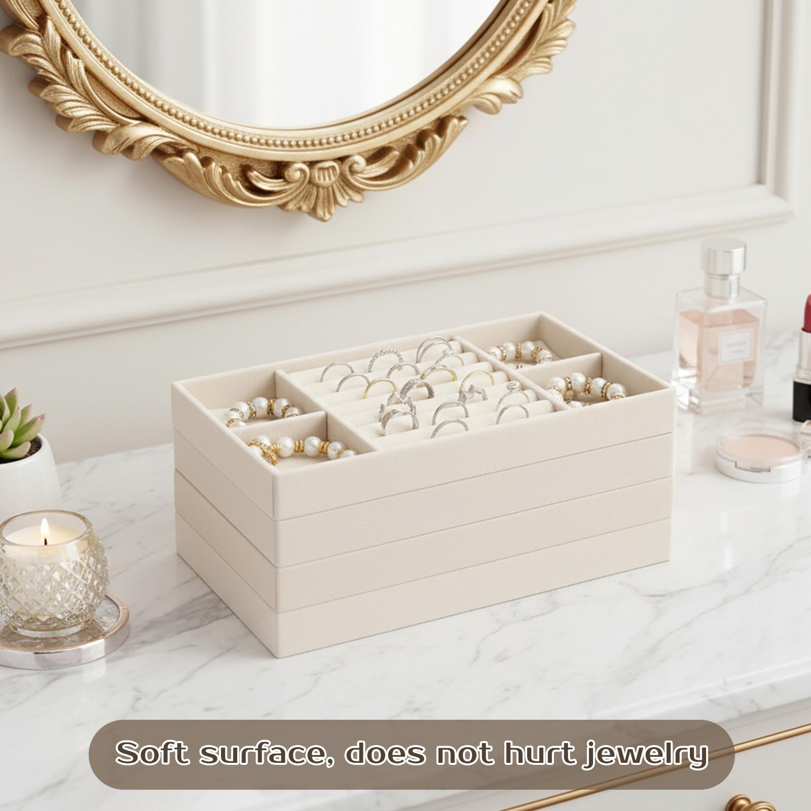 Oqqlin 4 Pcs Stackable Jewelry Organizer Trays, 8 x 5 x 1 Inch Velvet Beige