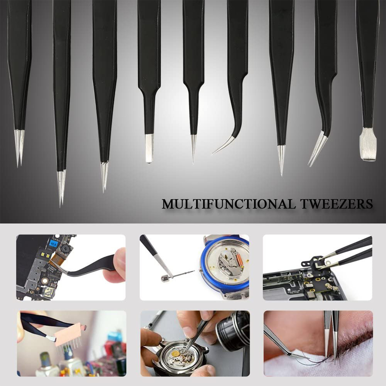 9 Pcs Maintenance Repair Stainless Steel Tools Kit ESD Anti-static Tweezers Set