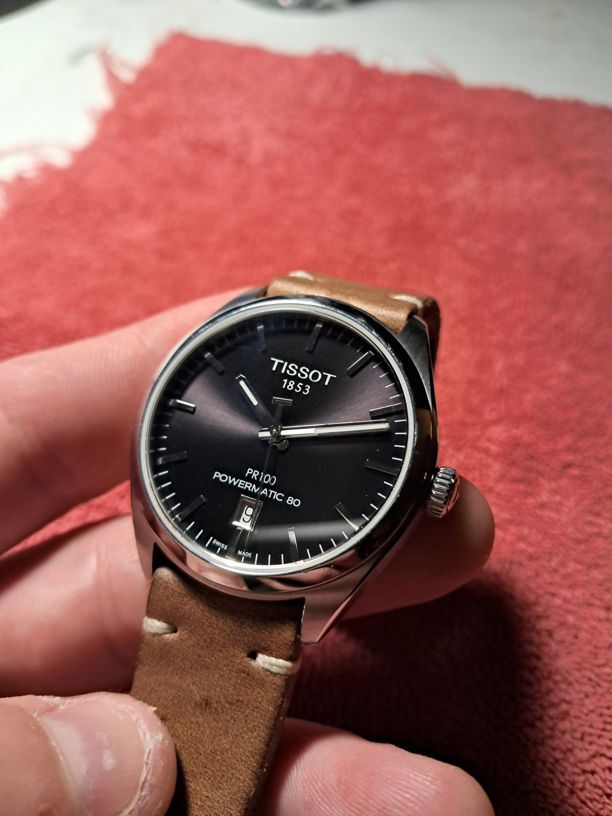 Tissot PR 100 Powermatic 80 Automatic Black Dial Date Brown Leather Watch