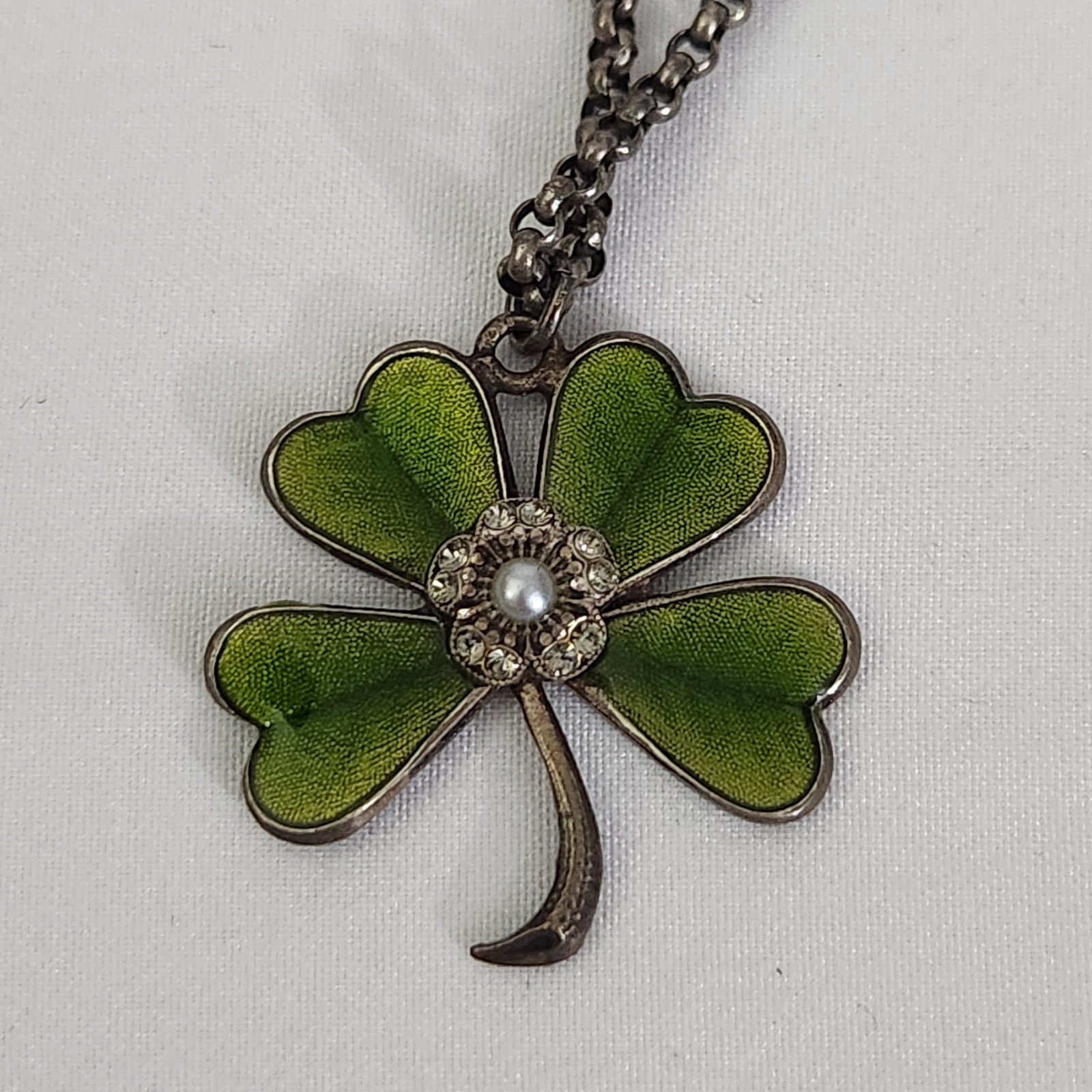 Catherine Popesco France Signed Green Enamel Four Leaf Clover w Rhinestone Pearl