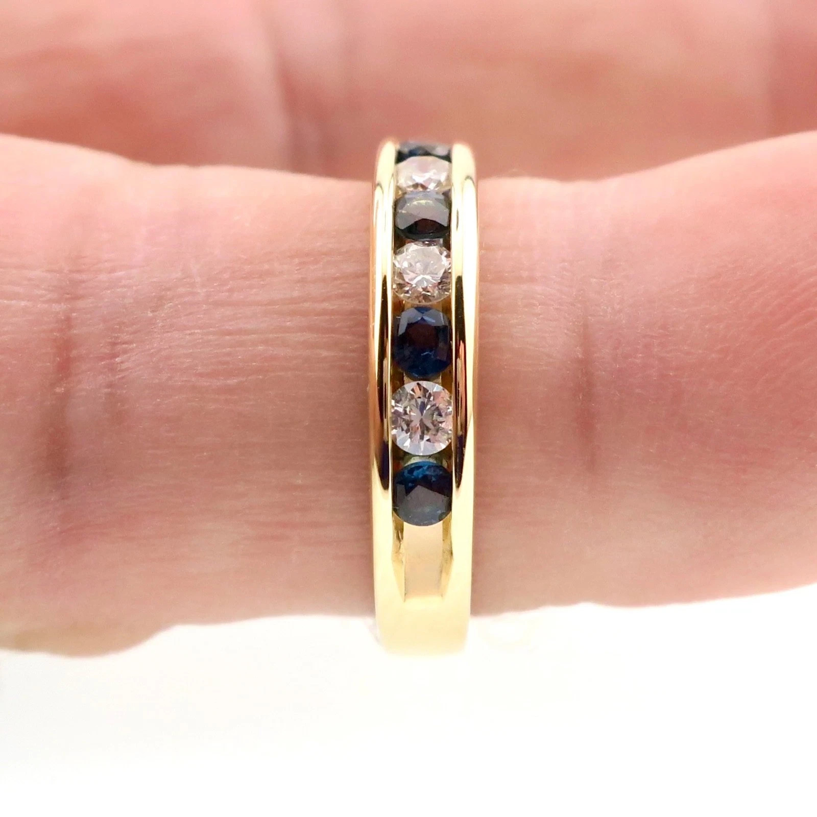 Classic 14k Solid Yellow Gold Natural Blue Sapphire and Diamond Band Ring Size 7