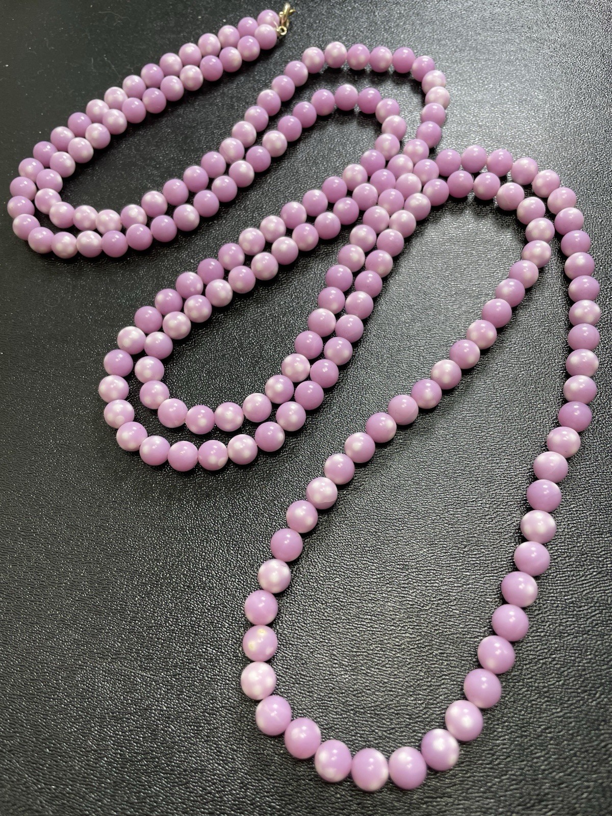 Vintage 60” Purple & White Spotted Lucite Extra Long Beaded Necklace