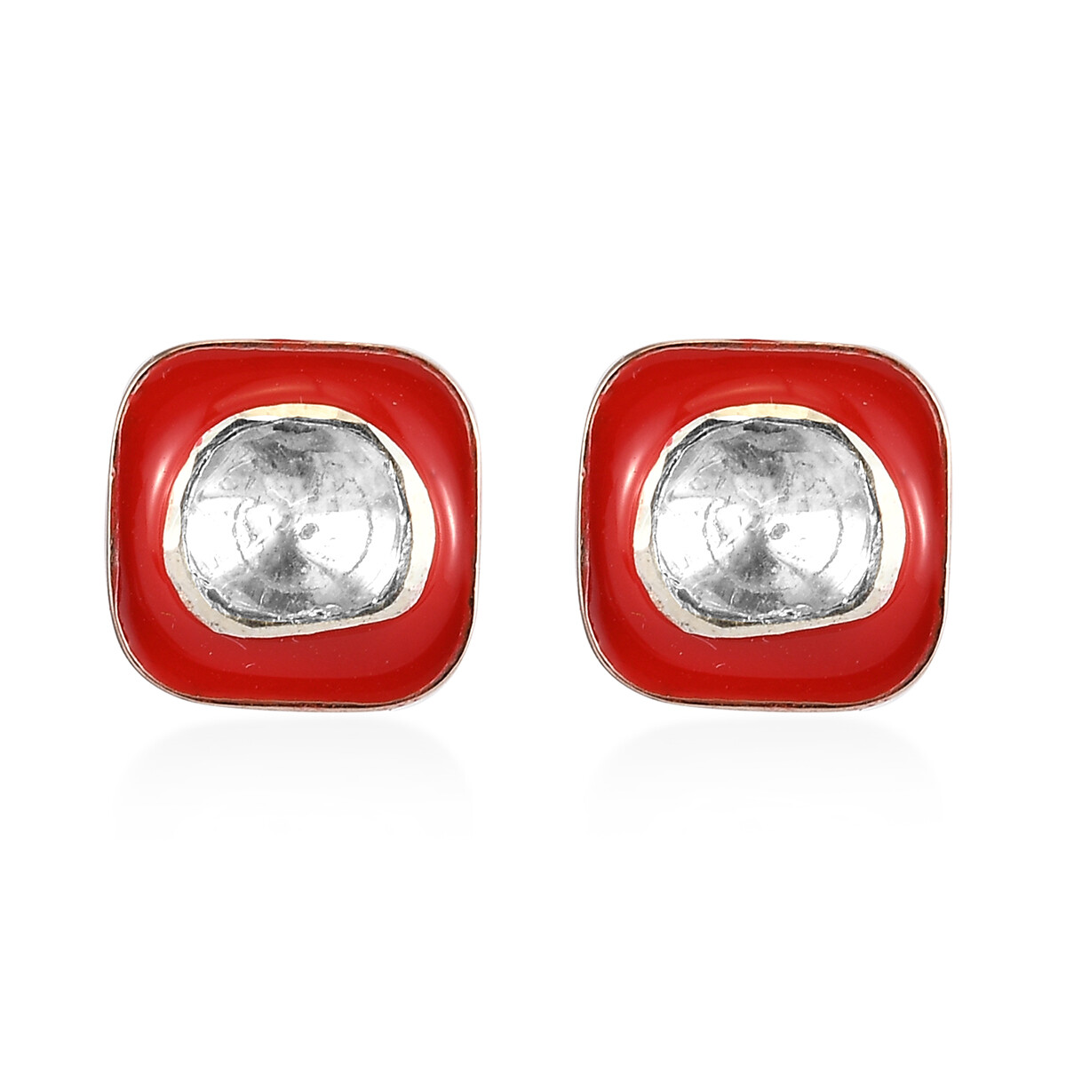 Polki Diamond and Enameled Stud Earrings in 14K Rose Gold/Sterling Silver