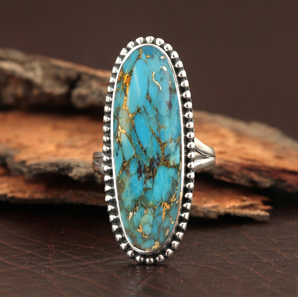 Blue Copper Turquoise Ring 925 Sterling Silver Long Gemstone All Size MO901