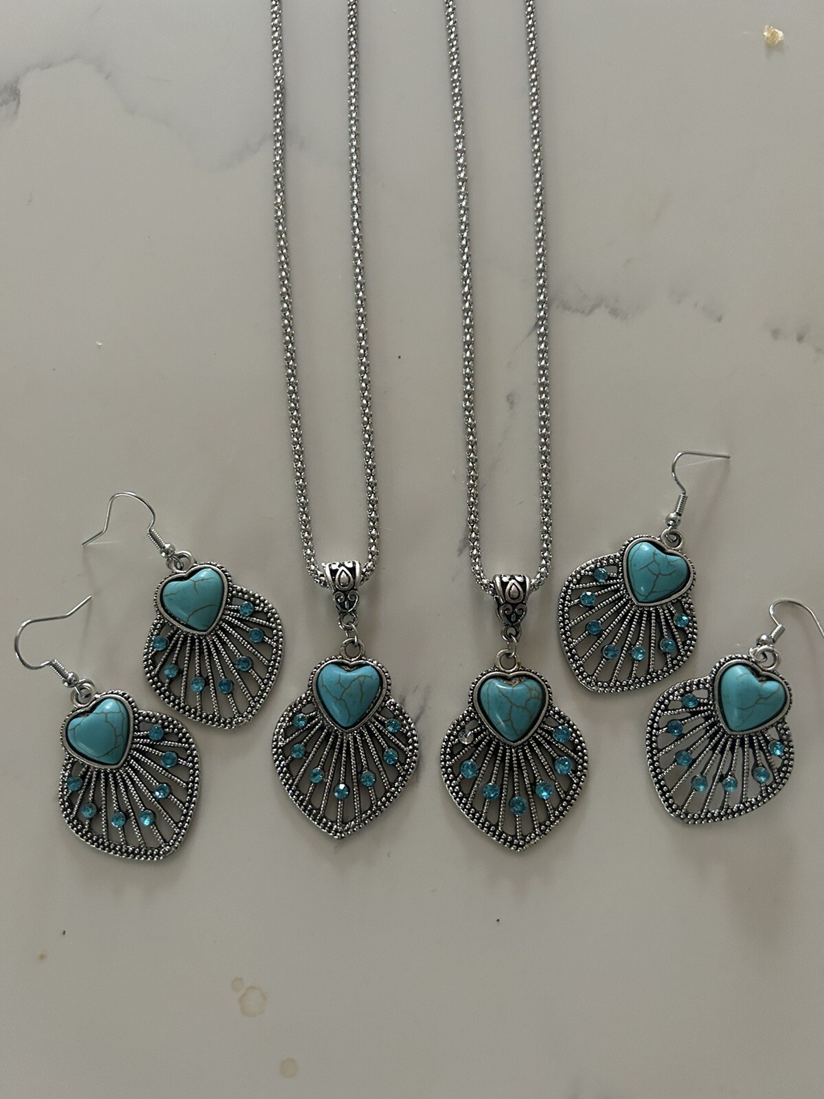 2 New Turquoise Heart Necklace-earring Sets (buyer Gets Both Sets-$6.50 Per Set)