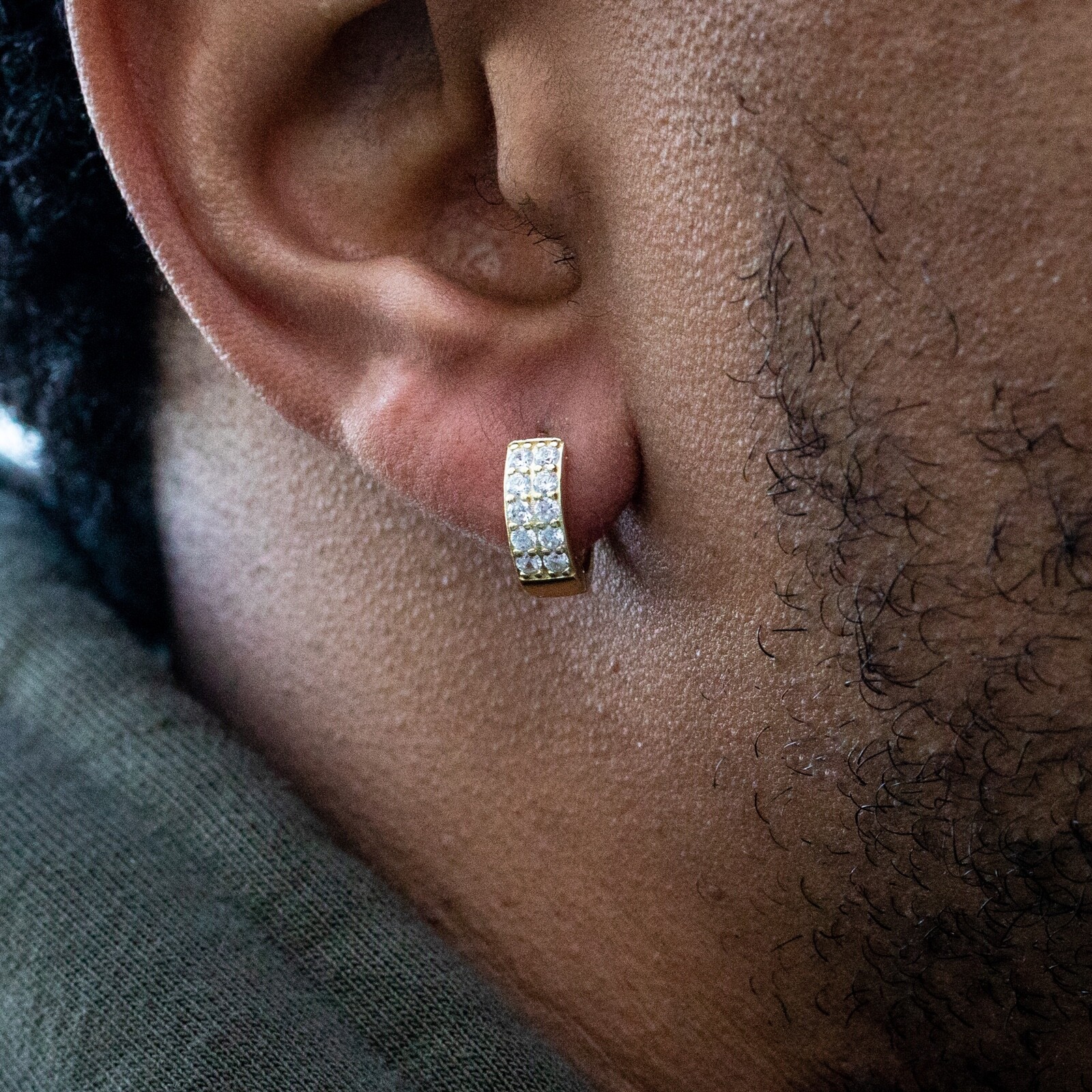 Men’s Iced Two Row Cz Yellow Gold Plated Sterling Silver Huggie Hoop Earrings