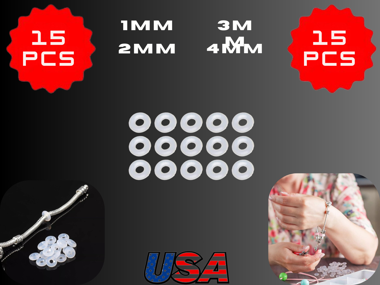 15x Silicone Rubber Stopper Spacer Rings Beads Fit Bracelet 1mm 2mm 3mm 4mm