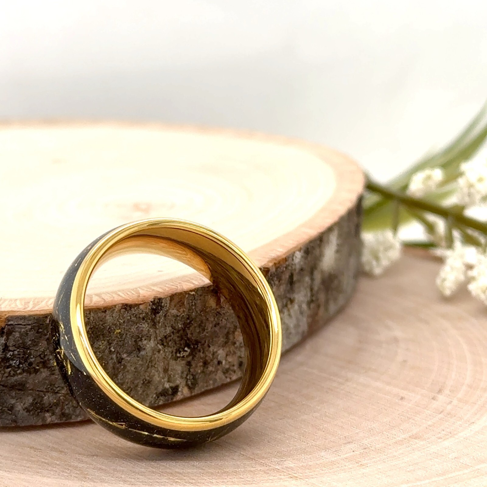 Yellow Gold Tungsten Wedding Ring 8MM Black With Gold Meteorite Inlay Band