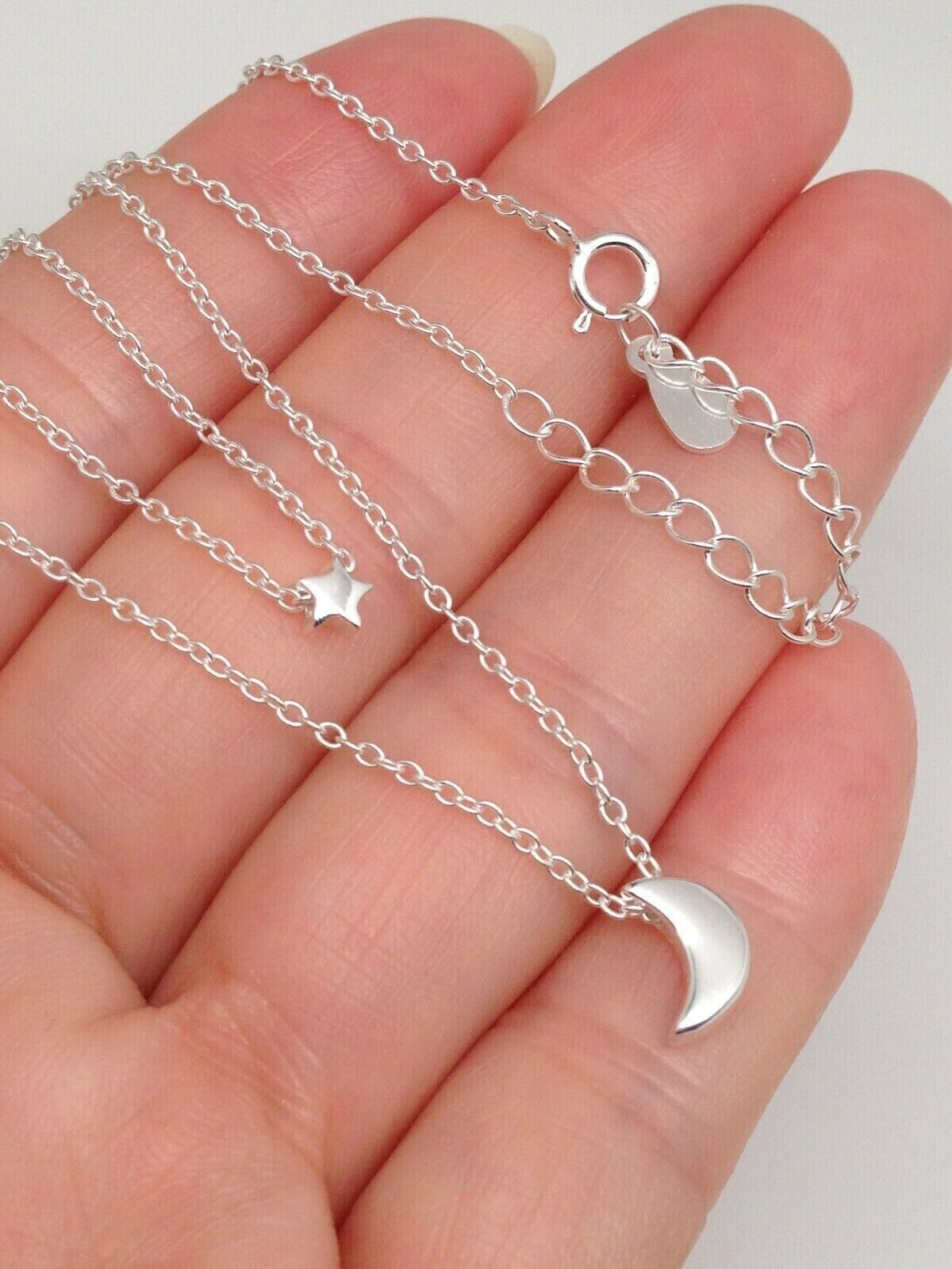 925 Sterling Silver Plain Star Crescent Moon Pendant Layered Necklace 2.8/7.8mm