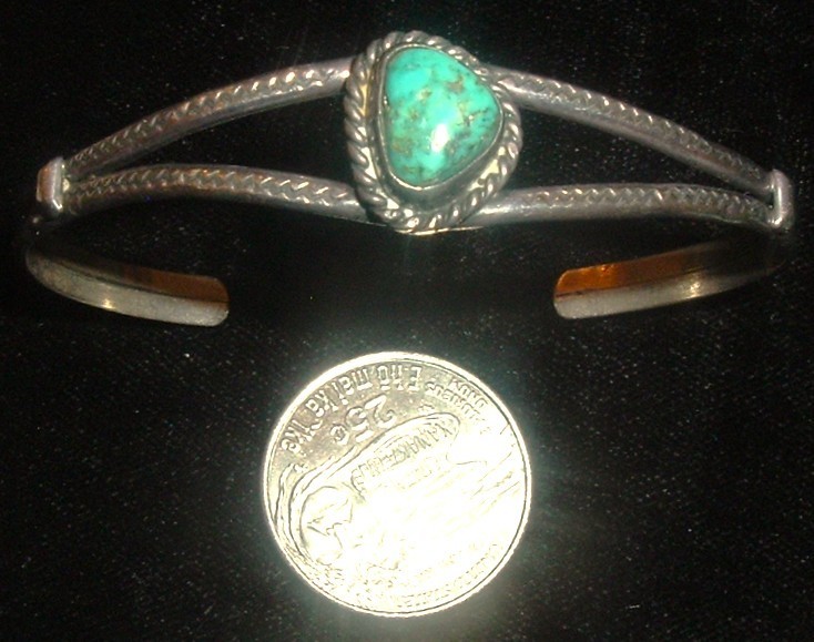 CIRCA 1970’S STERLING SILVER & MORENCI TURQUOISE CUFF BRACELET HAND STAMPED !