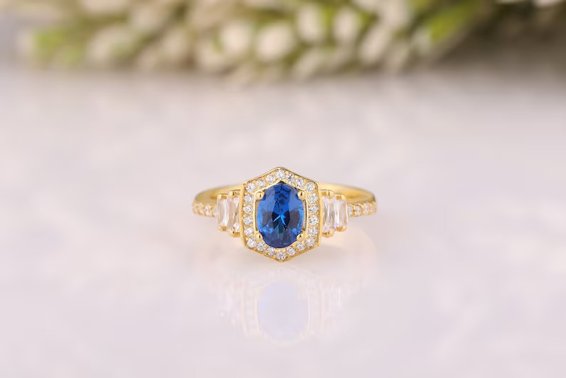 2.13 Ct Oval Simulated Sapphire Hexagon Shape Band Ring 14k Yellow Gold Plated