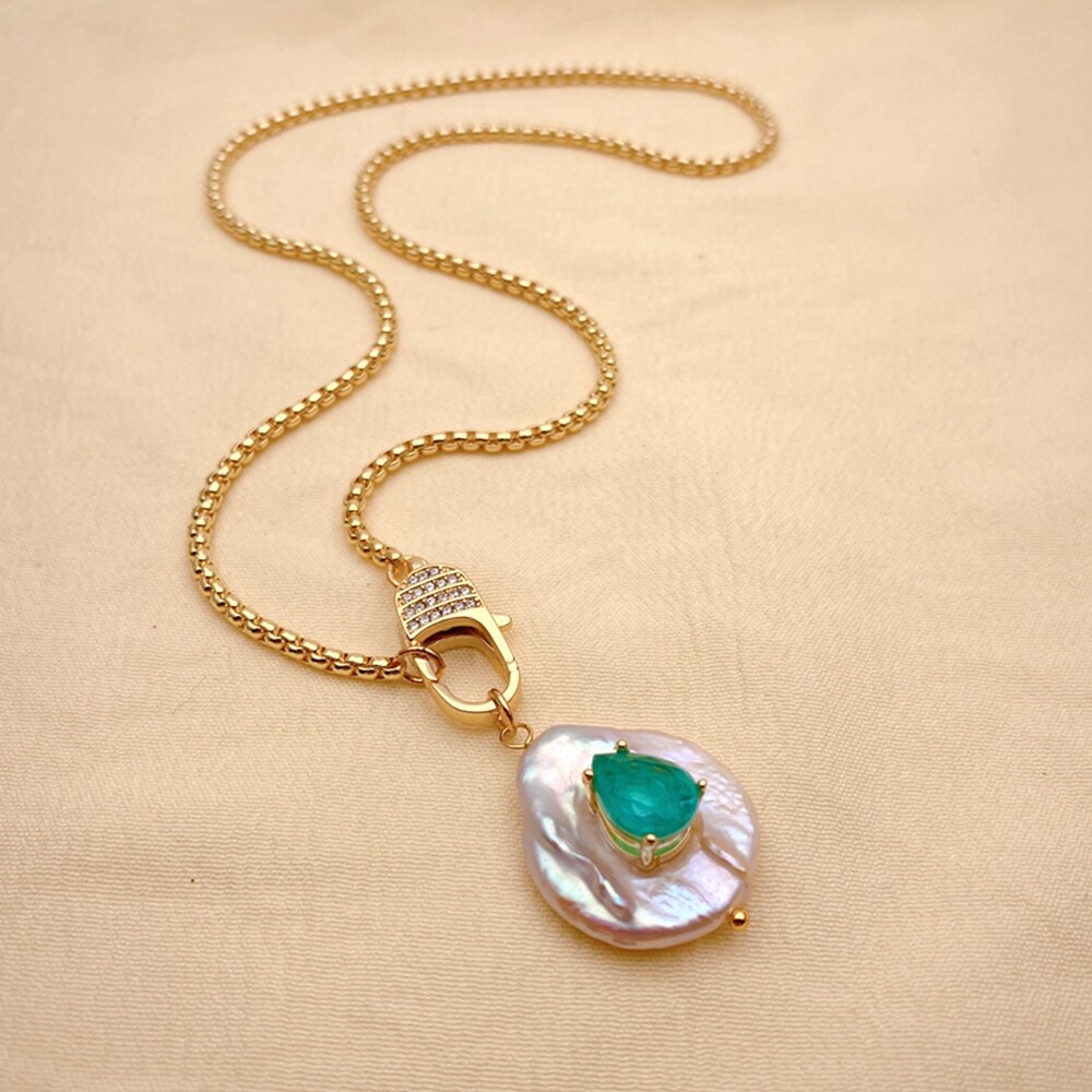 Cultured White Coin Pearl Green Quartz Pendant Gold Plated Chain Necklace
