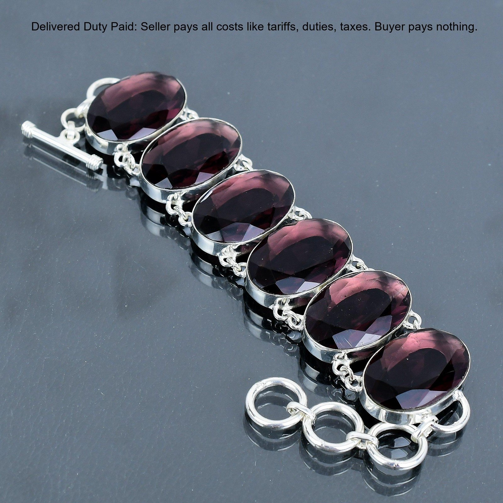 925 Silver Oval Pink Amethyst Stone Bezel Birthday Chain Wife Elegant Bracelet
