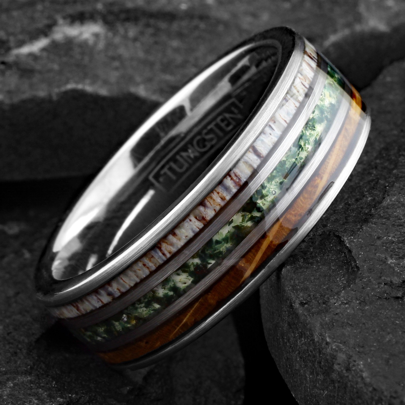 Black Tungsten Carbide Moss Agate Deer Antler Whiskey Barrel Band Ring